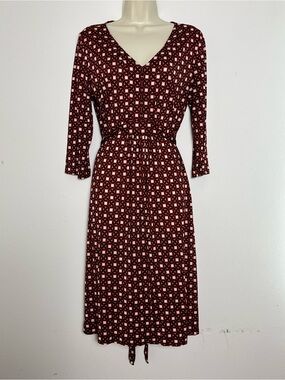 Tommy Bahama Silk Midi Geometric Dress Red Black 3/4 Sleeve Tie Belt Women Sz M